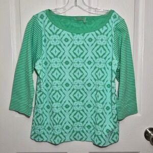 Fresh Produce Top Green Diamond Print 3/4 Sleeve Boat Neck Cotton Blend